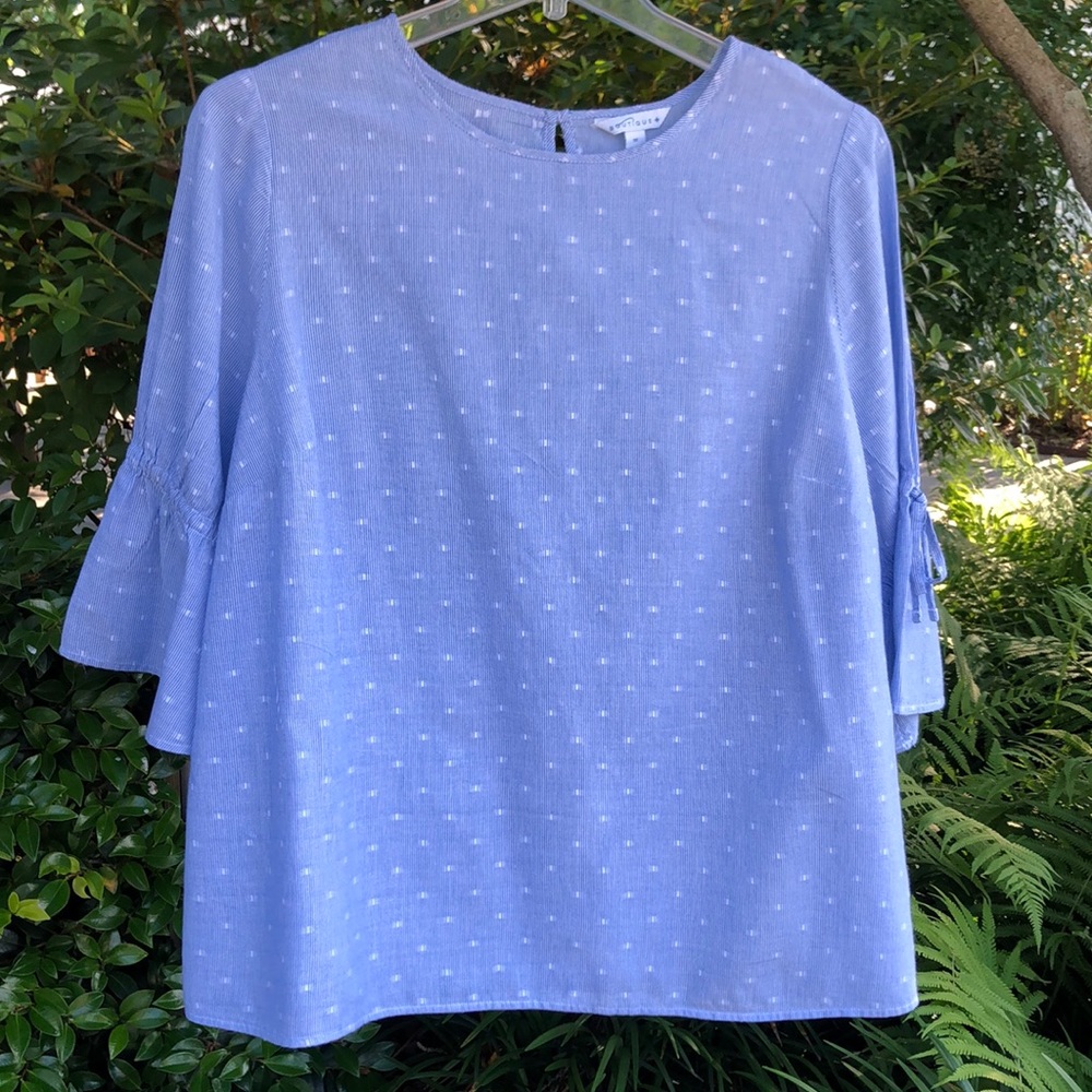 Boutique Top, blue/white cotton w/ tie sleeves, 1X